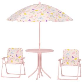 Qaba Kids Picnic Table and Chair Set, Outdoor Activity Table with Foldable Chairs, Removable Umbrella for Backyard, Pink