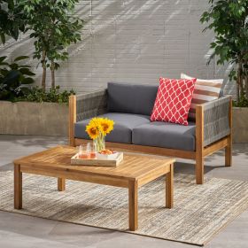 Patio Loveseat and Coffee Table Set, Patio Furniture Set with Cushion, Acacia Wood Frame Conversation Set for Garden, Backyard, Porch and Poolside