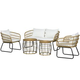 Outsunny 5-Piece PE Rattan Outdoor Set Cushioned Chairs Loveseat Sofa & Coffee Tables Cream White