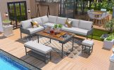 K&K 6-Piece Rope Patio Furniture L-Shaped Set, Outdoor Sectional Sofa Set with Acacia Wood Table with Ice Box, Rope Benches