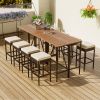 GO 10-Piece Outdoor Acacia Wood Bar Height Table And Eight Stools With Cushions, Garden PE Rattan Wicker Dining Table, Foldable Tabletop