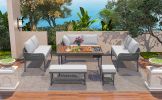 K&K 6-Piece Rope Patio Furniture L-Shaped Set, Outdoor Sectional Sofa Set with Acacia Wood Table with Ice Box, Rope Benches