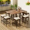 GO 10-Piece Outdoor Acacia Wood Bar Height Table And Eight Stools With Cushions, Garden PE Rattan Wicker Dining Table, Foldable Tabletop