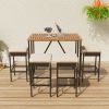 5-Piece Outdoor Acacia Wood Bar Height Table And Four Stools With Cushions, Garden PE Rattan Wicker Dining Table, Foldable Tabletop