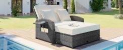 TOPMAX PE Wicker Rattan Double Chaise Lounge, 2-Person Reclining Daybed with Adjustable Back and Cushions, Free Furniture Protection Cover