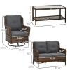 Outsunny 4 Piece Rattan Couch, with 2 Swivel Rocking Chairs, 2-Tier Glass Table and Sofa, All-Weather PE Set for Garden, Patio, Gray