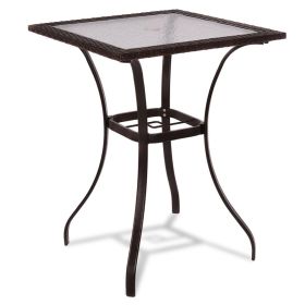 28.5 Inch Outdoor Patio Square Glass Top Table With Rattan Edging (Color: Brown)