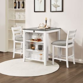 36" Modern Dining Table Set for 2 with Charging Station & 3-Tier Adjustable Storage | Space-Saving Kitchen Set with Upholstered Chairs for Small Space (Main Color: Off White, Main Material: Solid Wood+MDF)