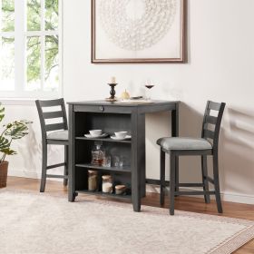 30" Modern Dining Table Set for 2 with Charging Station & 3-Tier Adjustable Storage | Space-Saving Kitchen Set with Upholstered Chairs for Small Space (Main Color: Gray, Main Material: Solid Wood+MDF)