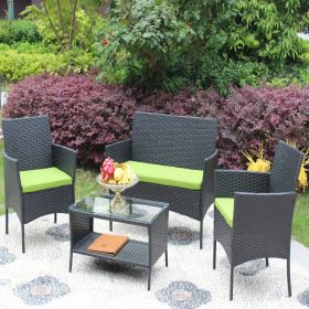 4 PC Rattan Patio Furniture Set Outdoor Patio Cushioned Seat Wicker Sofa (green Cushion) (Color: as Pic)