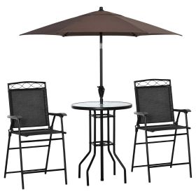 Outsunny 4 Piece Outdoor Patio Dining Furniture Set, 2 Folding Chairs, Adjustable Angle Umbrella, Wave Textured Tempered Glass Dinner Table, Black (Color: as Pic)