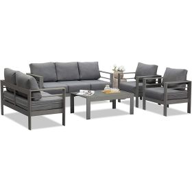 5 Pieces Outdoor All-Weather Conversation Set, Sectional Sofa, Aluminum Couch - Dark Gray Cushions (Color: as Pic)