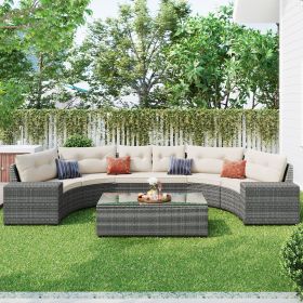 GO 8-pieces Outdoor Wicker Round Sofa Set, Half-Moon Sectional Sets All Weather, Curved Sofa Set With Rectangular Coffee Table (Color: as Pic)
