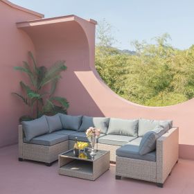 7-Piece Patio Furniture Set, All-Weather Boho Outdoor Conversation Set Sectional Sofa with Water Resistant Grey Thick Cushions (Color: as Pic)