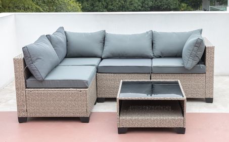5-Piece Patio Furniture Set, All-Weather Outdoor Conversation Set Sectional Sofa with Water Resistant Grey Thick Cushions (Color: as Pic)