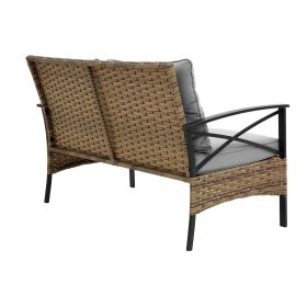 Patio 4 piece sectional low dining conversation sofa set- KD rattan wicker outdoor garden furniture corner sofa set with cushion. (Color: as Pic)