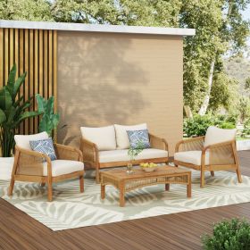 4-Pieces Acacia Wood Patio Furniture Set, Outdoor Furniture with Coffee Table, Patio Conversation Set Deep Seating with Soft Cushion (Color: as Pic)
