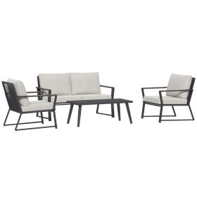 4 Piece Patio Furniture Set, Aluminum Conversation Set, Outdoor Garden Sofa Set with Armchairs, Loveseat, Center Coffee Table and Cushions (Color: as Pic)