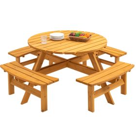 8 Person Wooden Picnic Table, Outdoor Camping Dining Table with Seat, Garden, DIY w/ 4 Built-in Benches, 2220lb Capacity - Natural (Color: as Pic)