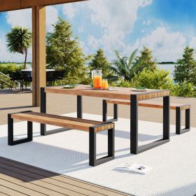 GO 3-pieces Outdoor Dining Table With 2 Benches, Patio Dining Set With Unique Top Texture, Acacia Wood Top & Steel Frame, All Weather Use (Color: as Pic)