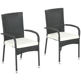 Outsunny Stackable PE Rattan Outdoor Dining Chairs with Cushions, Set of 2 Patio Wicker Dining Chairs with Armrests and Backrest for Patio, Deck (Color: as Pic)