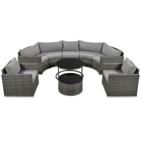 GO 9-Pieces Outdoor Half-moon Patio Sofa Set, Round Sofa Set, Modern Style Sofa, Gray Wicker (Color: as Pic)