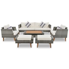GO 6-Pieces All Weather PE Wicker Sofa Set, Outdoor Rattan sofa With Double Cushions, Wood Legs Wood Table Top, Beige and Gray (Color: as Pic)